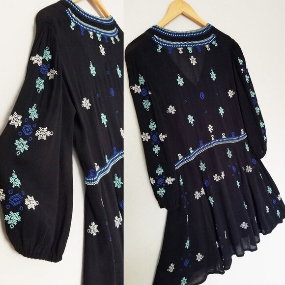 FREE PEOPLE Star Gazer Embroidered Boho Mini Dress Coverup Black XS Tunic $128 - Picture 14 of 16